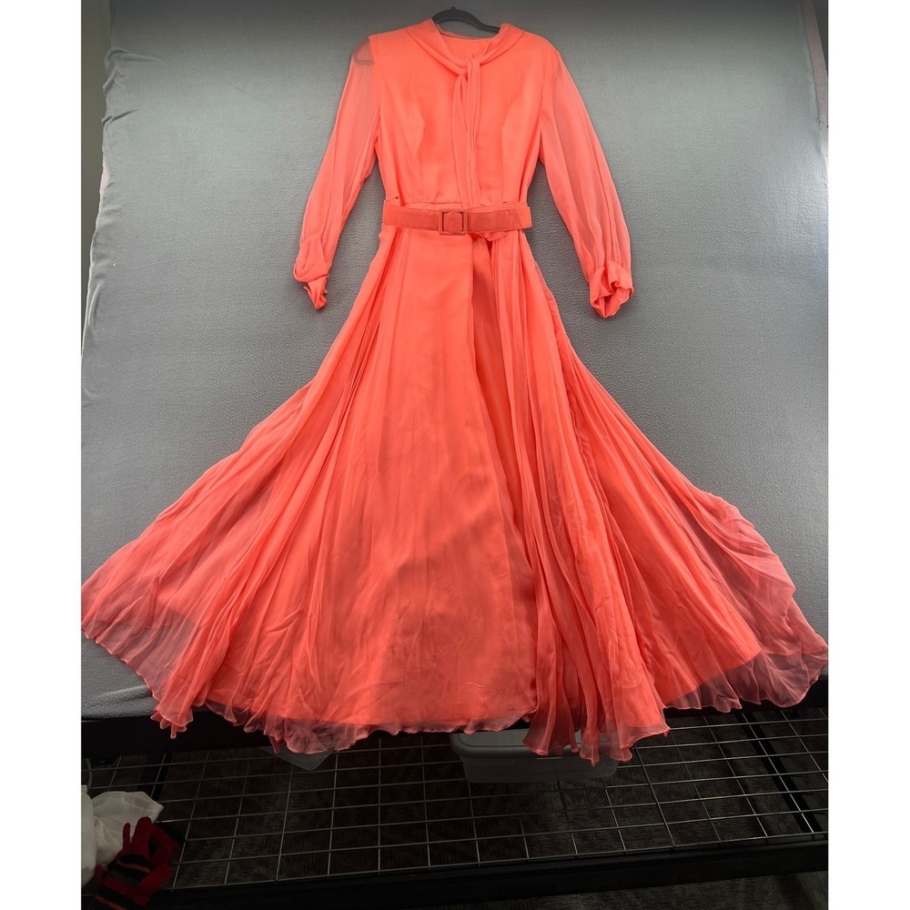 Vintage Maxi Dress Coral Pink Chiffon Bow Belted Long Sleeve Gown